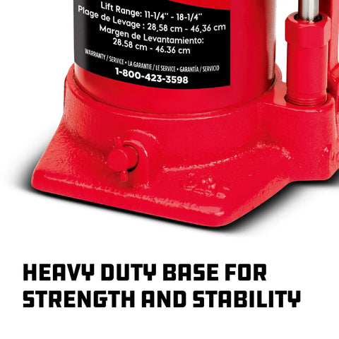 Heavy Duty 30 Ton Bottle Jack With Stable Base And 11 1/4 To 18 1/4 Inch Lifting Range For Cars And Trucks, red finish, close-up