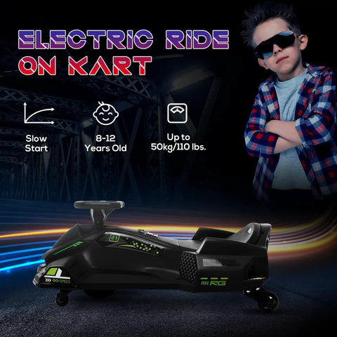 12V Electric Kids Go Kart Drift Car With Slow Start Music And Colorful Lights Outdoor Ride On Toy For Ages 8 To 12 Black