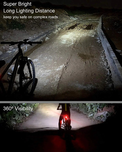 6400mAh USB C Bike Lights Set With 1200 Lumen Front Headlight And Taillight Aluminum Alloy Build IPX5 Waterproof Five Modes Color Options White Red Black Long Battery Life Up To 11+ Hours USB Power Bank Capability