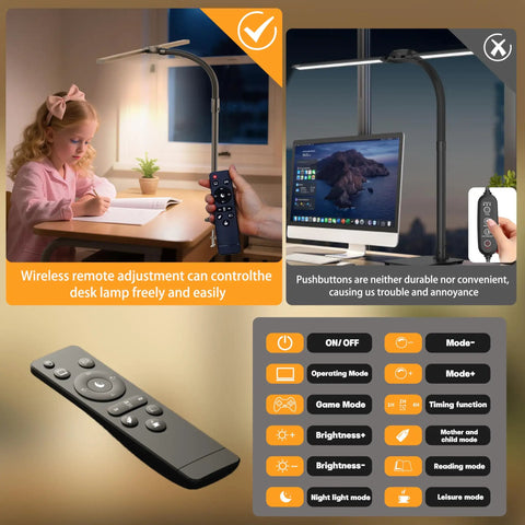 Child using wireless remote with Insanely Bright 24W LED Desk Lamp With Dual Swing Arm Heads, adjustable brightness and color temperature.