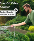 Man using Garden Hose Shut Off Valve To Pressure Washer Adapter Three Quarter Inch GHT To One Quarter Inch Quick Connect for garden watering.
