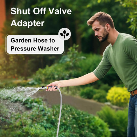 Man using Garden Hose Shut Off Valve To Pressure Washer Adapter Three Quarter Inch GHT To One Quarter Inch Quick Connect for garden watering.