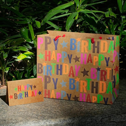 Large Kraft Birthday Gift Bag With Tissue Paper And Card 13 Inch Wide Horizontal Gift Tote With Colorful Happy Birthday Stars Design