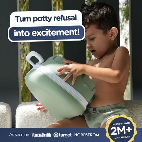 A child holding a green pastel Leak Proof Portable Toddler Toilet Seat For Potty Training, designed for travel with a cushioned grip.