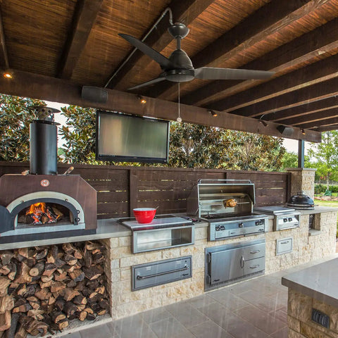 54 Inch Outdoor Wet Rated Waterproof Ceiling Fan Matte Black With Modern Style under wooden pergola with outdoor kitchen