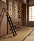 Two black 2 Pack 33.5 Inch Foam Swords For Adults with wood handles against a wooden wall in a martial arts dojo setting.