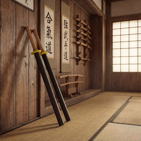 Two black 2 Pack 33.5 Inch Foam Swords For Adults with wood handles against a wooden wall in a martial arts dojo setting.