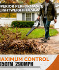 Person using Cordless Leaf Blower 765 CFM With 2x7.8Ah Batteries And Rapid Charger, 3 Speed Plus Turbo Mode, LED Light, Shoulder Strap, Power Packed Yard Cleanup Tool For Lawn Care on leaves in yard