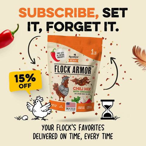 Natural Chicken De-wormer Chili Mix for Healthy Flocks and Happy Eggs. Proudly Made in USA. 1lb bag with bright packaging.