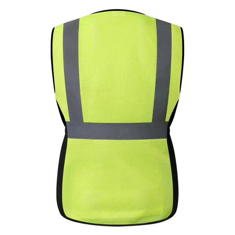 Back view of Go-To High Visibility Women Safety Vest With Multi-Pocket Design, Breathable Mesh Work Vest For Ladies, Reflective Strips, Yellow.