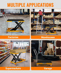 Heavy Duty Hydraulic Scissor Lift Table Cart 330 Lb displayed in factories, warehouses, supermarkets, and garage settings.