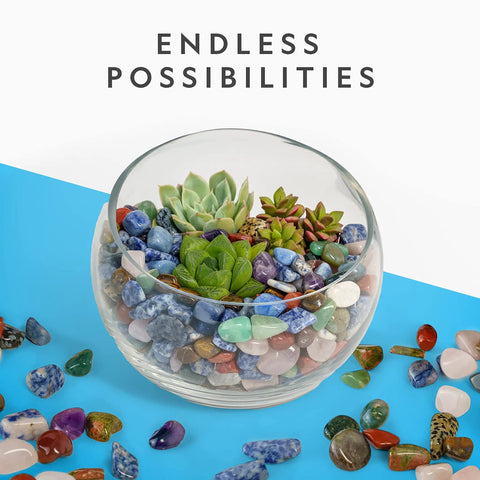 2 Lb Polished Stones And Crystals Bulk Collection Kit For STEM Fun Featuring Agate Amethyst Blue Quartz Rose Quartz Tigers Eye Sodalite Hematite And Jasper Varieties For Awesome Hands On Learning in glass bowl