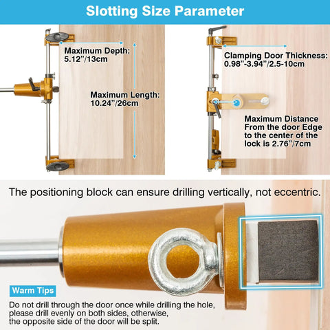 Mortise Lock Jig Kit for Wooden Doors with dimensional details, including depth, length, and door thickness compatibility.