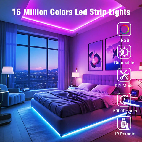 Bedroom with vibrant lighting from 200ft Bluetooth RGB LED Strip Lights With App Control IR Remote Dope Music Sync