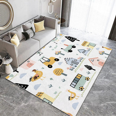 Machine Washable 4x6 Ft Large Area Rug Cartoon Farm Tractor Design Ultra Soft Cozy Low Pile For Living Room Or Bedroom White