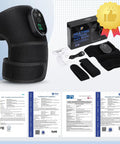 Cordless Knee Massager With Heat And Battery Pack, product components, box, manuals, and certifications shown