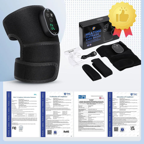 Cordless Knee Massager With Heat And Battery Pack, product components, box, manuals, and certifications shown
