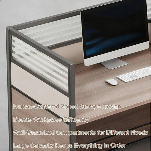 Boss Tier Modular Office Cubicle Workstation Desk Featuring Tempered Glass Privacy Panels And No Stress Usb Charging Hub Plus Lockable Rolling Storage Cabinet With Sleek Cable Management For Seamless Team Collaboration, showcasing zoned storage design.