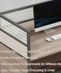 No Nonsense Slick Modular Office Cubicle Workstation Desk Featuring Heavy Duty Tempered Glass Screens and Rapid USB Power Port Coupled With Rolling Storage Cabinet Built For Dedicated Team Hustles, showing desk layout.