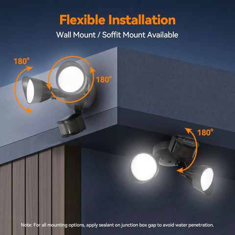 Rock Solid Dual Head LED Flood Light With Auto PIR Motion Sensor, 45W 5500 Lumens 5000K Daylight White, IP65 Weatherproof Hardwired Outdoor Security Light For Yard Or Driveway