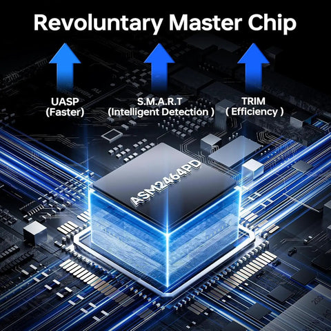 Close-up of the revolutionary master chip ASM2464PD with UASP, S.M.A.R.T, and TRIM features for enhanced performance in Straight Fire Thunderbolt Enclosure For M.2 NVMe Drives Boasting Insane 40Gbps Throughput While Running Dead Cool With Rugged Aluminum Heat Dispersion Built Smooth For Mac M1 Pro Workflows.