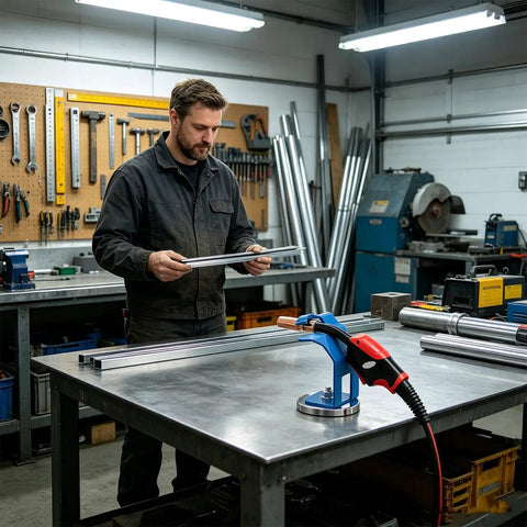 Heavy Duty Magnetic Welding Torch Holder That Pops Securely On Steel Tables With Vibration Free Stability And Drag Proof Grip For Pro Level Precision Work Anytime on a metal workbench.