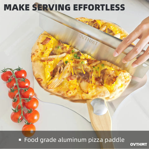 Front view of OVTHMT aluminum pizza peel with wooden handle, 12x14 in, lifting a cheese pizza.