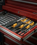Magnetic Ratchet Organizer Kit 3 Pack Set For Your Toolbox Modular Wrench Holders With Magnetic Base Fits Quarter Inch, Three Eighth Inch, And Half Inch Drive Ratchets Durable Handy Organizer Keeps Tools Neat And Ready To Grab shown in a toolbox with organized wrenches and sockets.