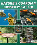 Muck Clear Natural Pond Sludge Treatment Tablets For Ponds, Fountains And Bird Baths, Beneficial Bacteria And Enzymes, Chemical Free, Safe For Fish Pets And Wildlife, 250 Tablets bottle with turtle, fish, bird, and fountain images showing usage and safety.