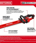 V20 Brushless Cordless Hedge Trimmer 22 Inch With Hedge Sweep Attachment product features and specifications diagram.