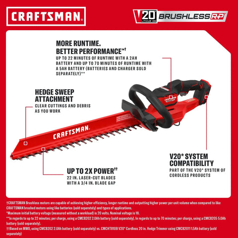 V20 Brushless Cordless Hedge Trimmer 22 Inch With Hedge Sweep Attachment product features and specifications diagram.