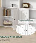 Top Shelf Industrial Farmhouse Bookshelf With Cabinet Doors And Open Shelves Floor Standing Storage Tower Display Rack For Home Office Or Living Room White Six Tier Bookcase featuring open shelves and cabinet doors.