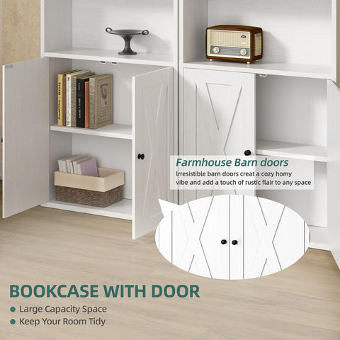 Top Shelf Industrial Farmhouse Bookshelf With Cabinet Doors And Open Shelves Floor Standing Storage Tower Display Rack For Home Office Or Living Room White Six Tier Bookcase featuring open shelves and cabinet doors.