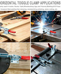 Six Pack Heavy Duty Horizontal Toggle Clamps With Quick Release Swivel And Cushioned Rubber Pads on woodworking jigs and welding setups.