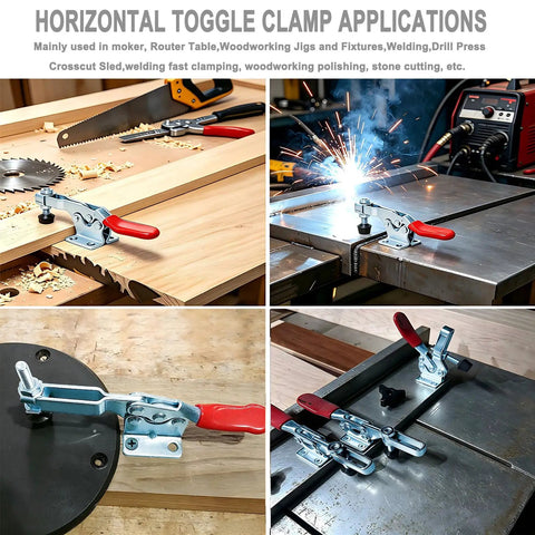 Six Pack Heavy Duty Horizontal Toggle Clamps With Quick Release Swivel And Cushioned Rubber Pads on woodworking jigs and welding setups.