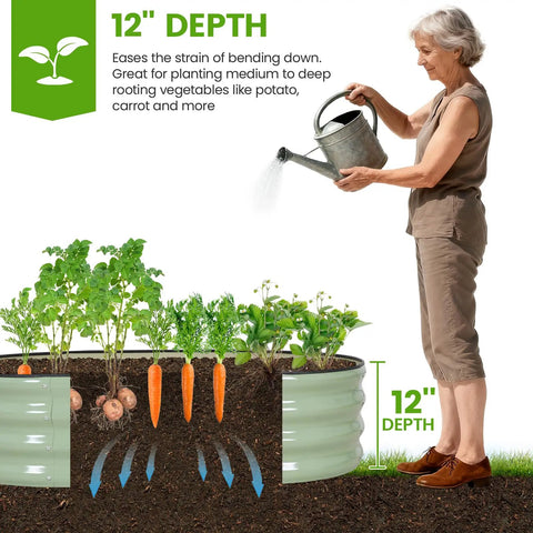 Raised Garden Beds Kit With Galvanized Planter Boxes 4x2x1 Ft Oval Outdoor Bed For Vegetables Fruits Flowers Herbs shown with woman watering plants