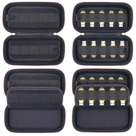 Slick Flash Drive Case and USB Stick Organizer for Keeping Thumb Drives Locked Down Tight During Everyday Commutes with Hella Secure Snap Closure and Comfortable Pocket Friendly Profile, showing four angles with USBs.
