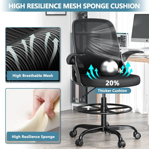 Tall Drafting Chair For Home Office And Art Studio, Ergonomic Standing Desk Stool With Mesh Back and Adjustable Foot Ring