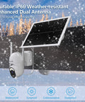 Solar Powered Wireless Outdoor Security Camera With 355 Degree Pan Tilt mounted outside in snowy weather demonstrating durability.
