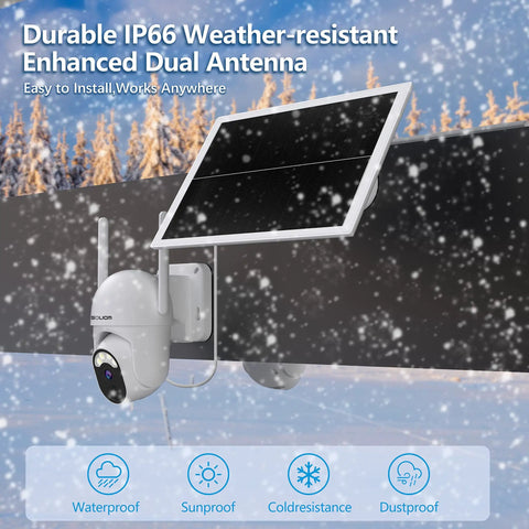 Solar Powered Wireless Outdoor Security Camera With 355 Degree Pan Tilt mounted outside in snowy weather demonstrating durability.