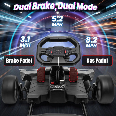 Cockpit view of 24V Electric Drift Go Kart With Dual 800W Motors 10Ah Battery 8.2 MPH Top Speed showing brake and gas pedals