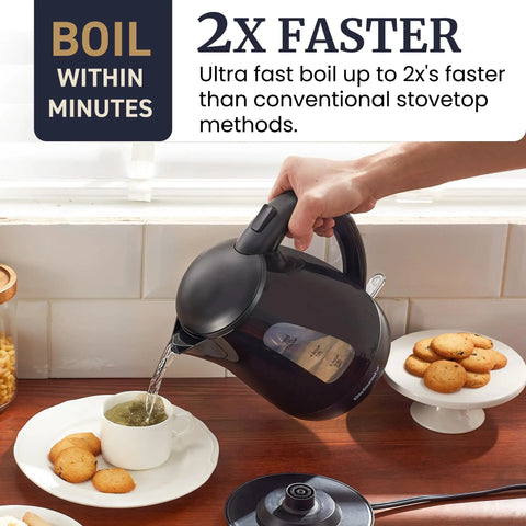 Fast Boil 1.7L Electric Tea Kettle With 1500W Power BPA Free Auto Shut Off pouring hot water into a cup on a table with snacks