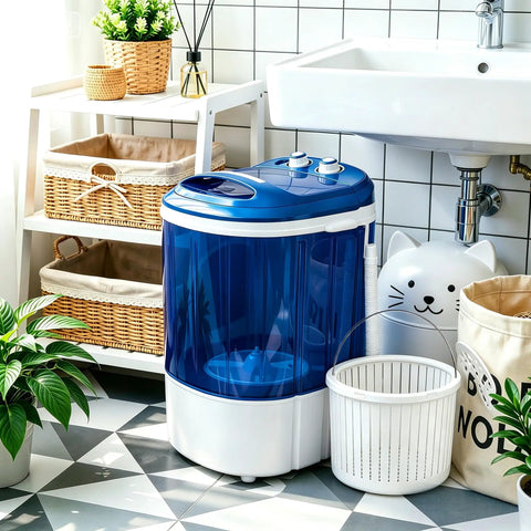 Compact Portable Washing Machine Single Tub 5.7 Lbs Capacity Slick Setup For Dorm Rooms Apartments And Rv Trips Lightweight Semi Automatic Laundry Unit in navy blue with transparent drum.