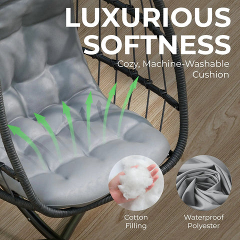 Close-up of a gray plush cushion on a Hanging Egg Chair With Stand for Indoor Outdoor Chill, showcasing softness and texture.