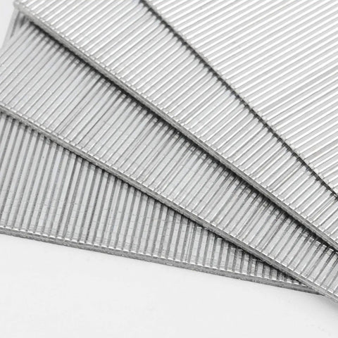 Premium Grade 18 Gauge Brad Nails Two Inch Hot Dipped Galvanized Finish Heavy Duty Rust Proof Fasteners Slide Into F50 Nail Guns Smooth As Butter stacked, showing detail of 10K count.
