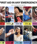 SurviveX Large Pro First Aid Kit collage showing multiple emergency category panels wounds sprains CPR tools