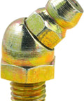 Close-up of 6 Mm X 1 Mm 45 Degree Grease Fittings With Ball Check, Zinc Plated, Beefy Heavy Duty for Trucks Automotive Agricultural