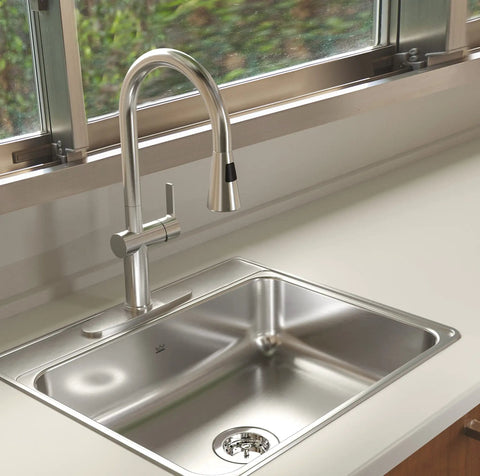 Drop In Single Bowl Stainless Steel Kitchen Sink 25 By 22 Inches 1 Hole 20 Gauge Durable EZ Torque Fastener System For Easy Lock In Install And Built To Take On Messy Kitchen Days installed on a countertop with modern faucet and window view.