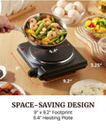 Roadready Electric Hot Plate Featuring Slick Cast Iron Cooking Surface Seven Speed Heat Dials Compact 1000 Watt Portable Burner on a countertop.