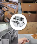 Collage showing Ten Pack Keyless Push Button Cabinet Latches For RVs And Marine Use With Screws And Steel Pads Mini Cupboard Locks